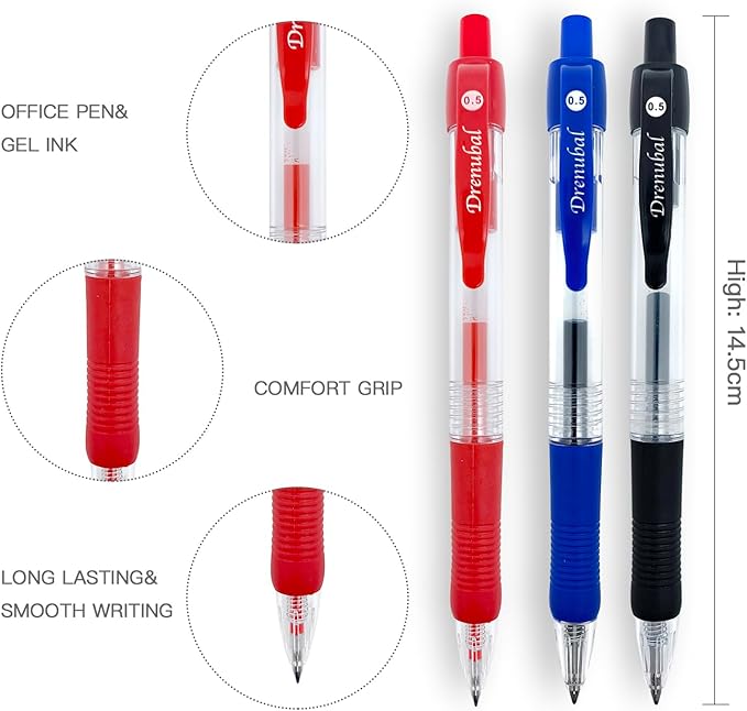 Gel Pens 0.5mm - Red Ink, Quick-Drying, Comfort Grip Writing for School, Office, Exams - Gift Set for Students, Fine Point Ballpoint Pens 6-Pack