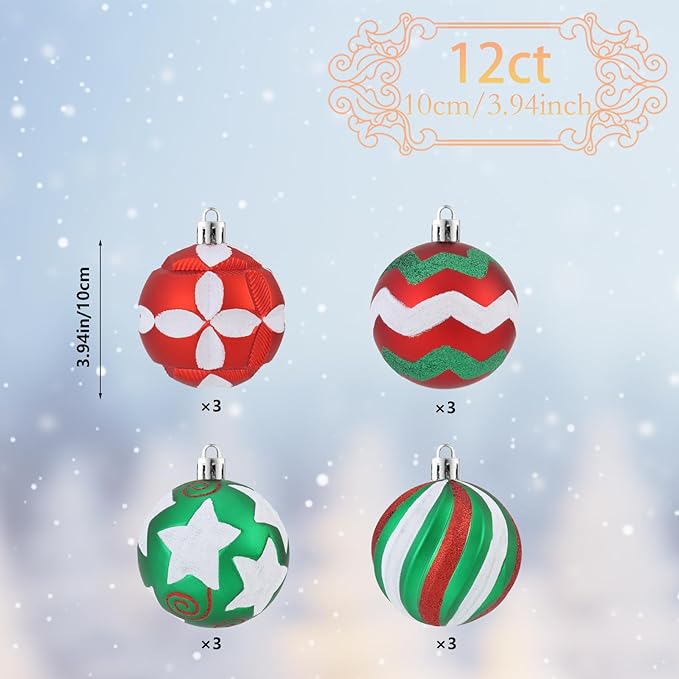 4 Inch Red Green White Christmas Ornaments, 12Pcs Large Shatterproof Christmas Bulbs Ornaments, Big Christmas Balls Hanging Decorations for Christmas Trees Holiday Parties Malls (Red & Green & White)