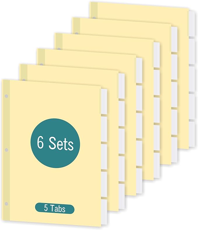 5-Tab Binder Dividers for 3 Ring Binder, Insertable Clear Big Tabs, Letter Size Paper Divider, 8.5 x 11 inch, 6 Sets (30 Dividers Total)