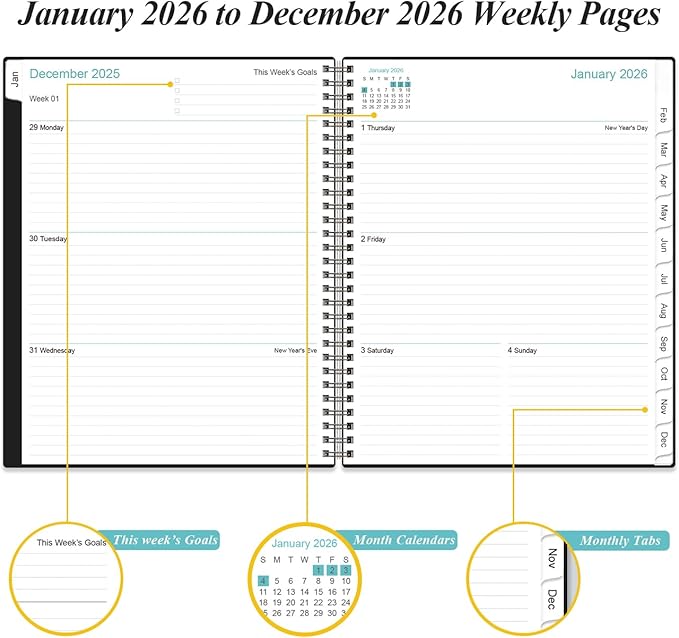 2026 Planner - Planner 2026 from January 2026 to December 2026 with 12 Monthly Tabs, Flexible Cover, Inner Pocket, 8.5" x 11", Black