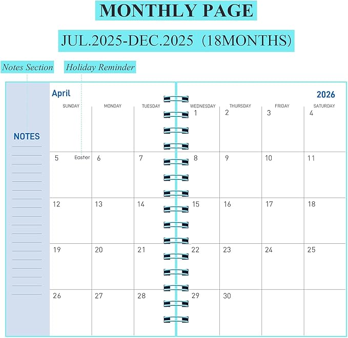 Daily Planner 2025-2026, Weekly and Monthly Planner 2025-2026 Academic Year, July 2025-December 2026 Calender Planner, 8.2"×5.5", 18 Months (JUL.2025-DEC.2026 Light Blue)