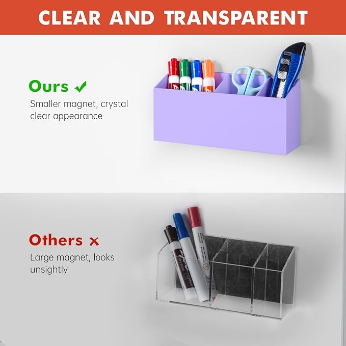 Magnetic Dry Erase Marker Holder, Acrylic Magnet Pen Holder for Whiteboard, Refrigerator, Magnetic Fridge Organizer for Office, Classroom, Whiteboard Maker Holder, Locker Organizer-Purple