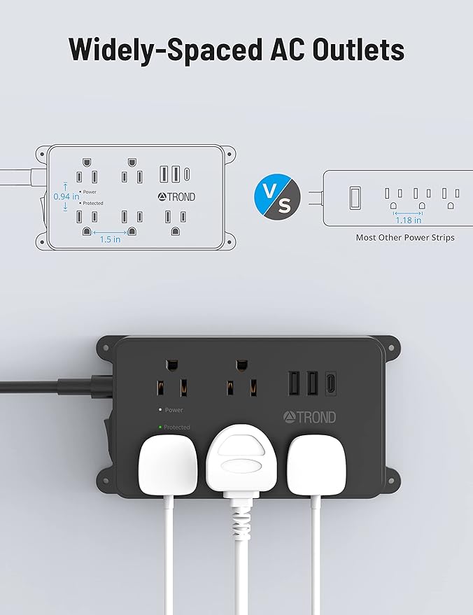 TROND Power Strip Surge Protector, 5 Widely-Spaced Outlets with 2 USB A and 1 USB C, ETL Listed, Wall Mountable, Flat Plug 5ft Extension Cord, 1300J, 14AWG Heavy Duty, for Office Kitchen, Black