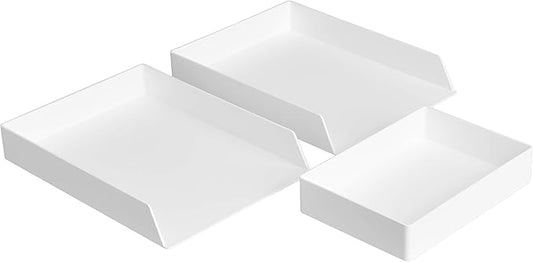 Amazon Basics Rectangular Plastic Desk Organizer Bundle, 3 Pieces Letter Tray/Accessory Tray, White
