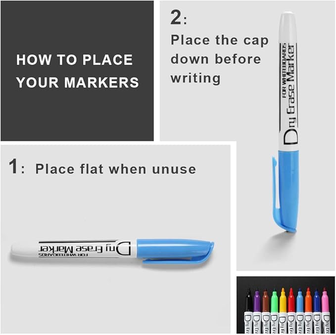 Volcanics Dry Erase Markers Low Odor Fine Whiteboard Markers Thin Box of 12, 10 Colors