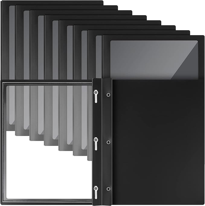 Teling 24 Pcs Report Covers with 3 Prong Fasteners Clear Front Presentation Folders Frame View Poly Report Folder Presentation Binder for Paper Document School Office (Black)
