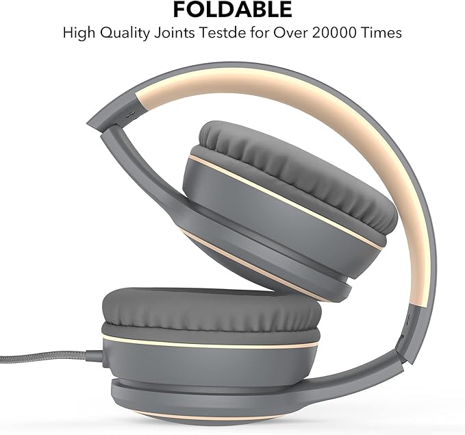 RORSOU R10 Over-Ear Headphones with Microphone, Lightweight Folding Stereo Bass Headset with 1.5M No-Tangle Cord, Portable Wired Headphones for Smartphone Tablet Computer MP3 / 4 (Grey)