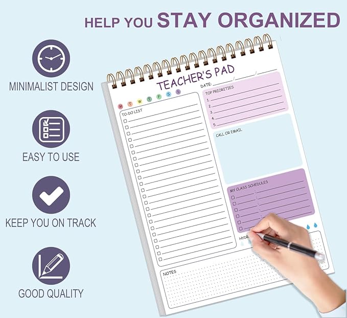 Teacher Notepad - A4 Teacher To Do List Notepad, Spiral Checklist Notebook Organizer for Teachers Notes Task Appointment, Teacher Appreciation Gifts, 8'' x 11'', Purple