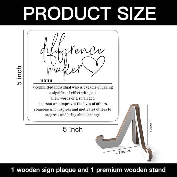 Wooden Table Sign Gift Difference Maker Definition Desk Decor Wood Plaque With Stand Unique Gift Ideas for Boss Women Best Mom Coworker Teacher Office(White)-A02