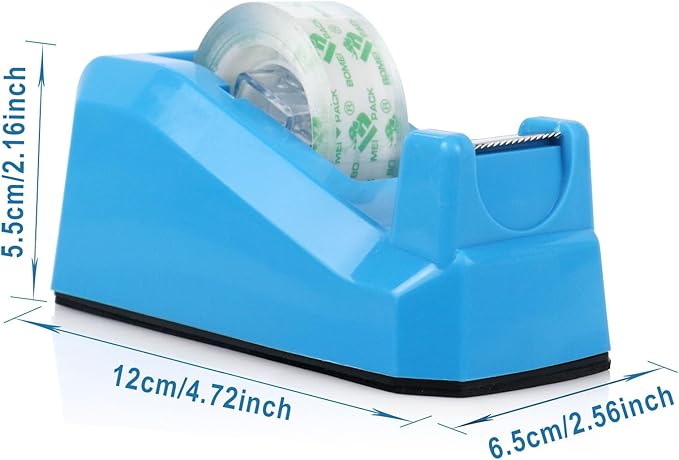 BOMEI PACK Transparent Tape Dispensers Desk, 1 Pack Blue with 12Rolls Transparent Tape, 1 Inch Core, for Gift Wrapping, School, Office and Home