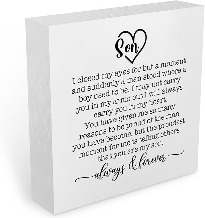 Inspirational Son Gifts from Mom Office Supplies Rustic Desk Decor Motivational Son Birthday Gifts White Wooden Box Sign Farmhouse Wood Plaque Cubicle Accessories Home Shelf Table Counter Decorations