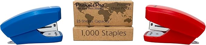 Aria Premium Mini Stapler Set by PraxxisPro - with Built-in Staple Removers, 2000 Standard Staples Included - for Office, School, and Travel, Set of 2, Blue & Red