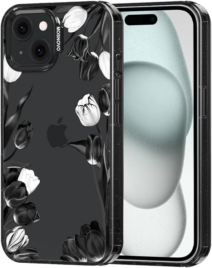 MOSNOVO Case for iPhone 15 Plus, [10ft 4X Military-Grade Drop Protection] Durable & Shockproof Phone Case Cover Design for iPhone 15 Plus / 14 Plus - Black White Tulips - Clear Black