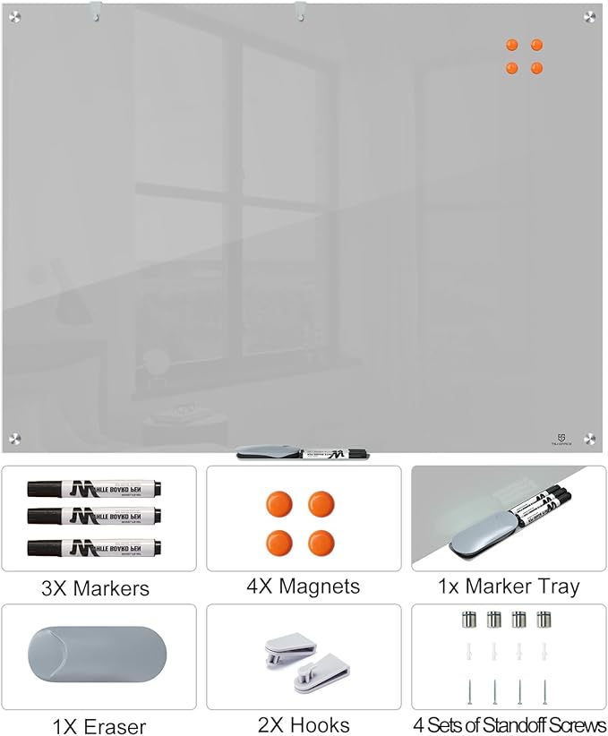 TSJ OFFICE Glass Dry-Erase Board - 48 x 36 Inches Wall Mounted Magnetic Whiteboard, Large Frameless Glass White Board for Office, Home & School, Gray