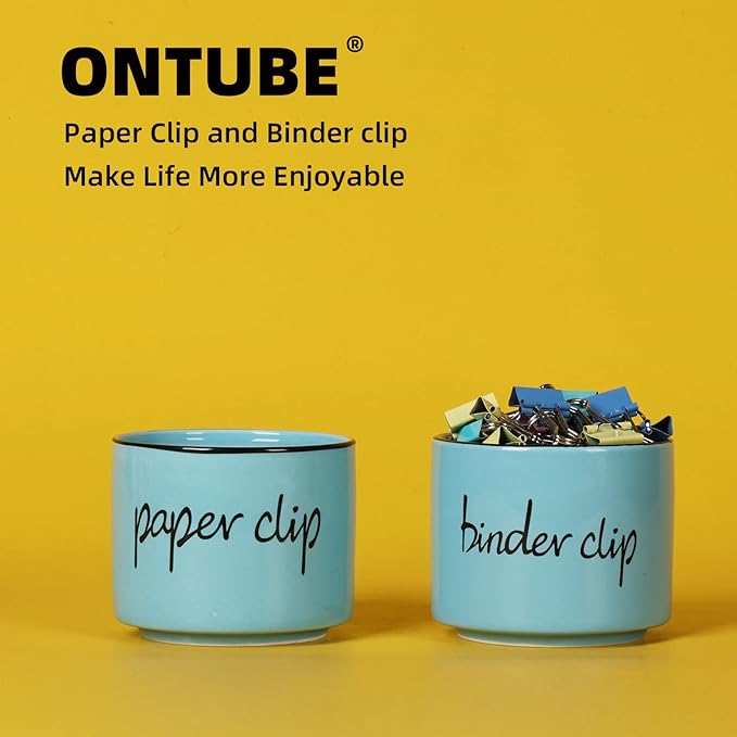 ONTUBE Ceramic Paper Clip Holder and Binder Clip Holder Set Dispenser Organizer for Desk (Turquoise)
