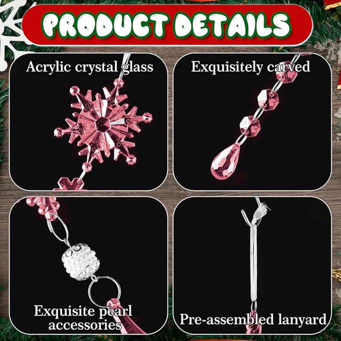 Lanpn 26 Pcs Christmas Ornaments Crystal Christmas Tree Decoration, Hanging Clear Acrylic Snowflake Icicle Drop Pendants for Xmas Winter Outdoor Indoor Party Decoration Pink