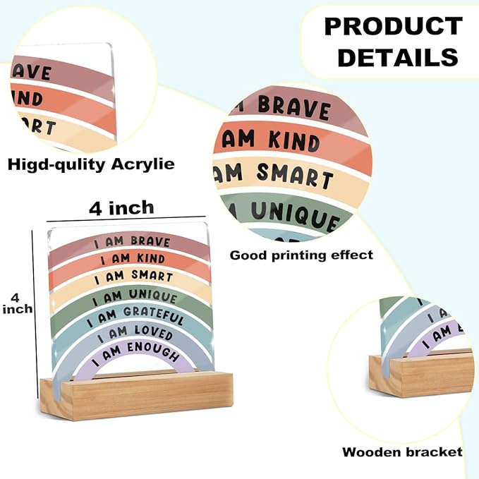 Positive Affirmations I Am Enough Desk Decor Acrylic Sign 4x4 Inch, Inspirational Gifts for Women Men, Cute Rainbow Desk Gadgets Table Top Cubicle Accessories Office Living Room Bedroom Decor