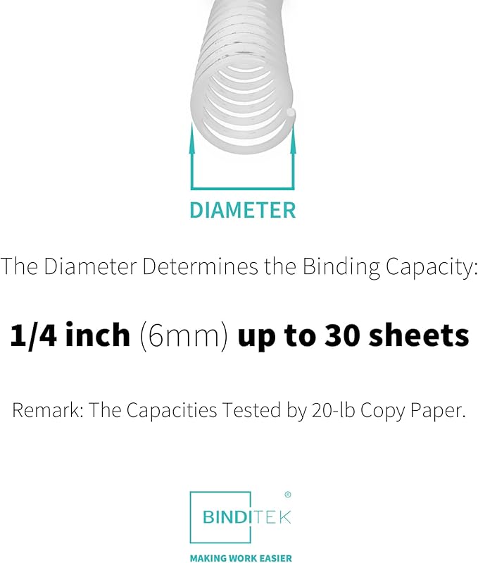 Binditek 50 Pack Plastic Spiral Binding Coils, 6mm(1/4"), 30 Sheet Capacity, 4:1 Pitch, White, 48Loops, for Letter Size, for Students and Coworkers