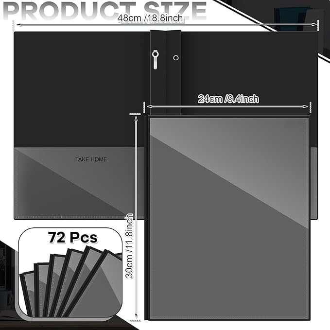 Henoyso 72 Pcs Plastic Folders with Clear Front Pocket and 3 Prong Take Home Plastic 2 Pocket Folder Back to School for Students Parent Teacher Communication for School Office (Black)