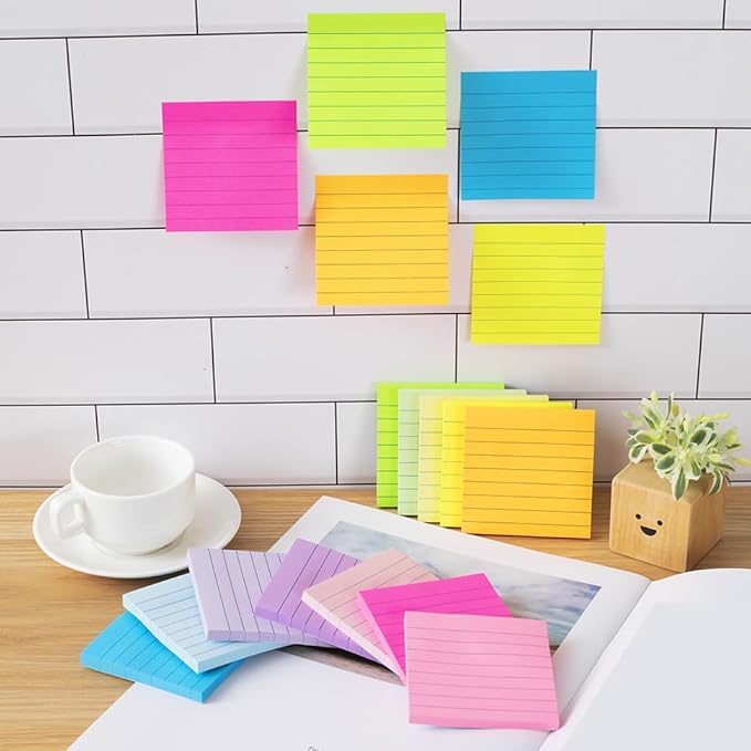 (72 Pads) Lined Sticky Notes 3x3 in Ruled Stickies Super Sticking Power Memo Pads Bright Colors