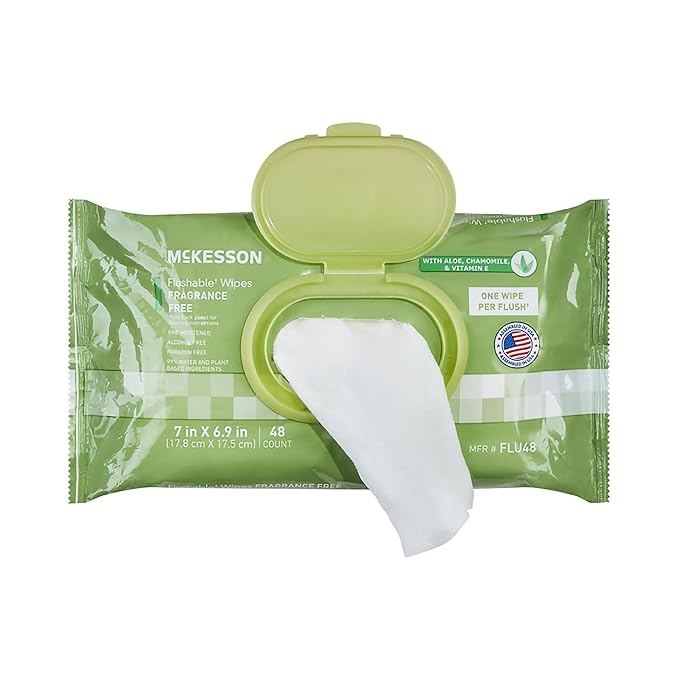 McKesson Flushable* Adult Wet Wipes – 576 Wipes (12 Pack of 48) – Aloe & Vitamin E, Plant-Based Cleansing Wipes, Unscented