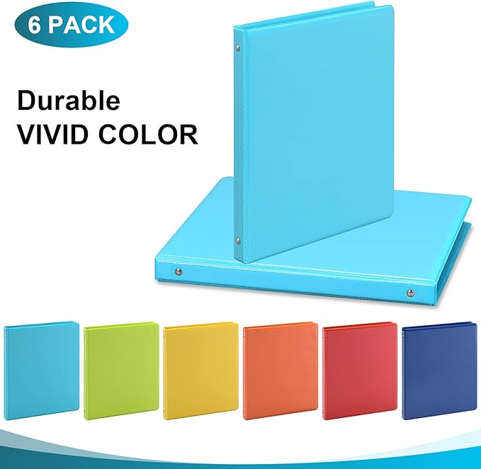 1-inch 3 Ring Binder with 2 Interior Pockets, 1'' Basic Binders Holds US Letter Size 8.5'' x 11'' Paper - Versatile Binders for Office, Home, and School Use, 6 Pack (6-Color Assorted)