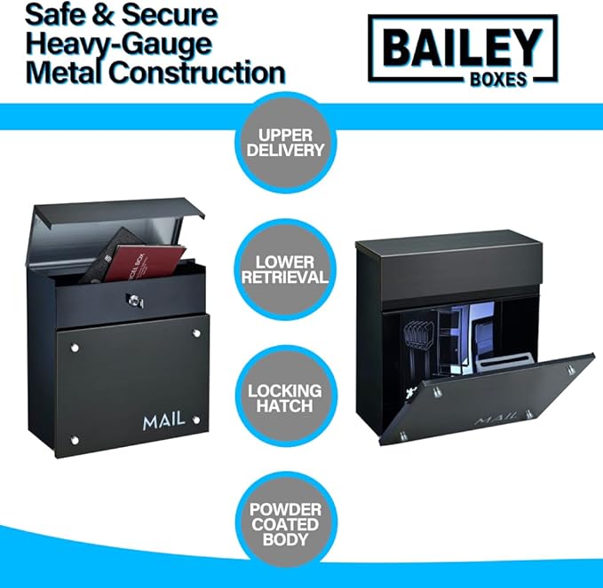 Wall-Mounted Modern Locking Mailbox from Bailey Boxes: Enhance Your Home with The Dalton - 14.25" H x 14" W x 5.75" D. Elevate Your Space with This Stylish Addition.
