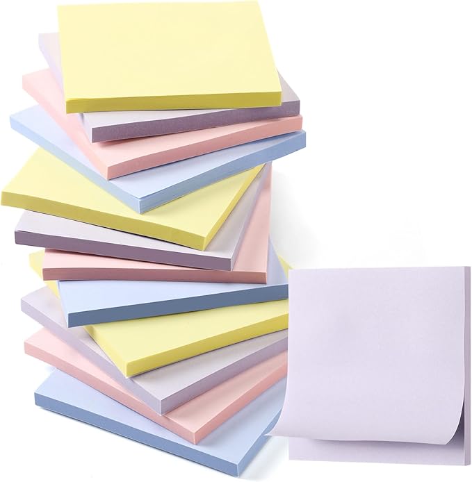 Thenshop 12 Pads Pastel Sticky Notes 3''x3'', Self Stick Notes Pads Pastel Office Supplies, Vintage Aesthetic School Accessories 50 Sheets/pad
