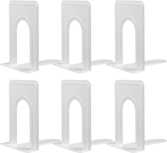 HappyHapi Book Ends, Non-Skid Metal Bookend for Shelves, Heavy Duty Book Ends, Office Book Stopper, 6 x 5 x 6 Inches, 6 Pieces / 3 Pairs (White)