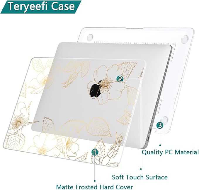 Teryeefi for 2022 2020 MacBook Pro 13 inch Case M2/M1 Chip (Model A2338 A2289 A2251 with Touch Bar), Plastic Hard Shell Case & Keyboard Cover & Screen Protector, Gold Floral Leaf