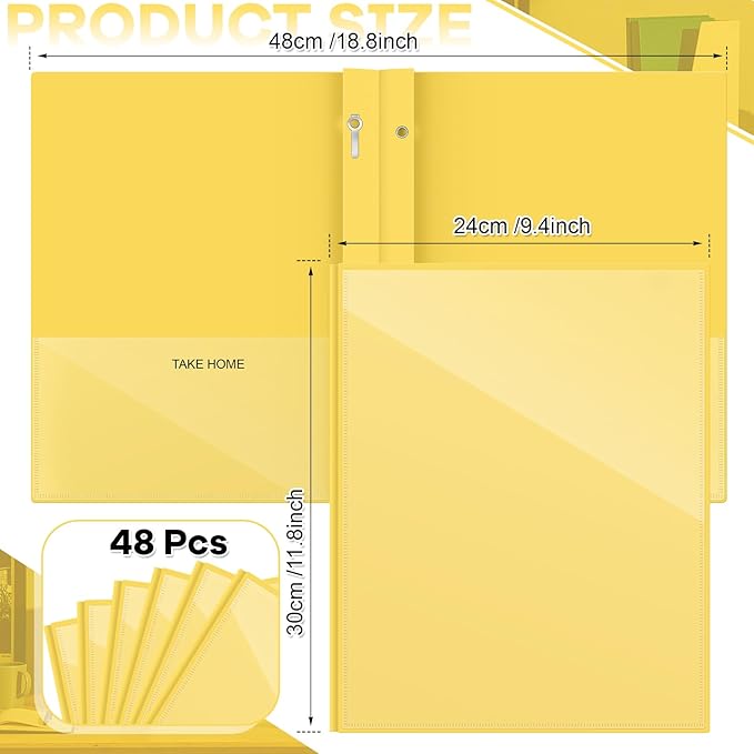 Henoyso 48 Pcs Plastic Folders with Clear Front Pocket and 3 Prong Take Home Plastic 2 Pocket Folder Back to School for Students Parent Teacher Communication for School Office (Yellow)