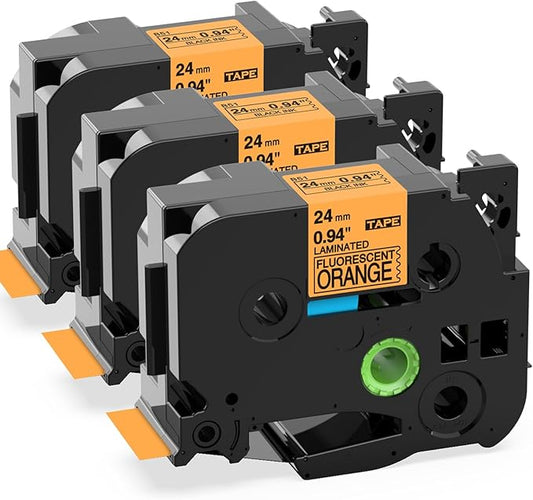 Label KINGDOM 1 Inch Replacement for Orange 24mm 0.94 Label Tape TZe-B51 TZB51 Laminated Tape for Brother Ptouch PT-P700 PT-P750W Label Maker, Black on Fluorescent Orange, 3-Pack