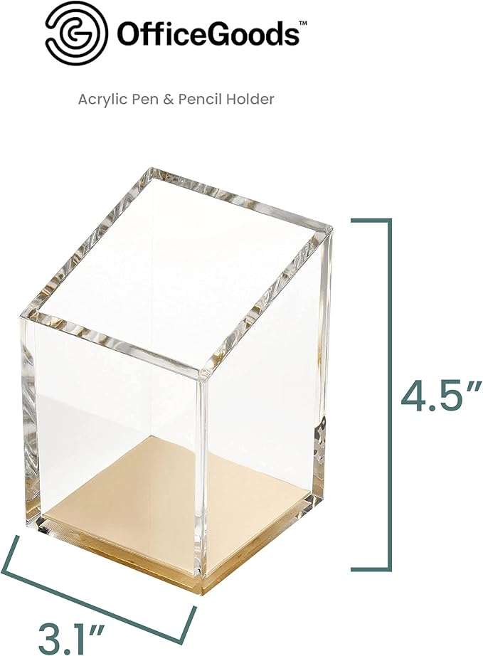 OfficeGoods Acrylic Pen & Pencil Holder - Modern Trapezoid Design - Beautiful Desk Organizer for Home or Office - Contrasting Metal Base - 3" Square w/ 3.5" Front & 4.5" Back - Gold