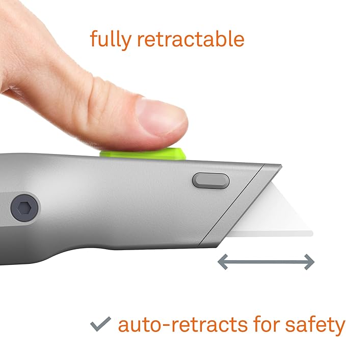 Metal-Handle Utility Knife, Finger Friendly Ceramic Blade, Auto Retracts for Safety, Heavy Metal Handle, Comfortable Grip, Stores Extra Blade, Ambidextrous, Easy Blade Change