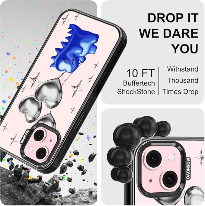 MOSNOVO Case for iPhone 15, [10ft 4X Military-Grade Drop Protection] Durable & Shockproof Phone Case Cover Design for iPhone 15 - Balloonasaurus - Clear Black