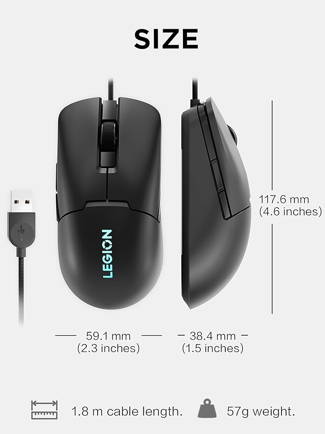 Lenovo Legion M300s RGB Wired Gaming Mouse - 8,000 DPI Adjustable Sensor, 6 Programmable Buttons & 20-Million Clicks Durability with Optimized Comfort (Black)