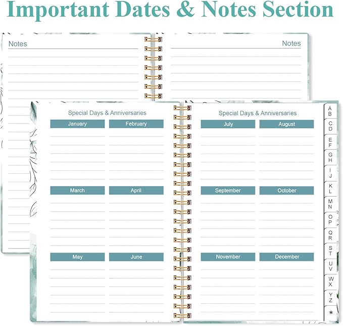 Address Book with Alphabetical Tabs - Small Address Book Spiral with Address Contacts, Special Date, Phone, Birthday & Internet Login Password for Home and Office, 4.3" x 6.2", Teal Flowers