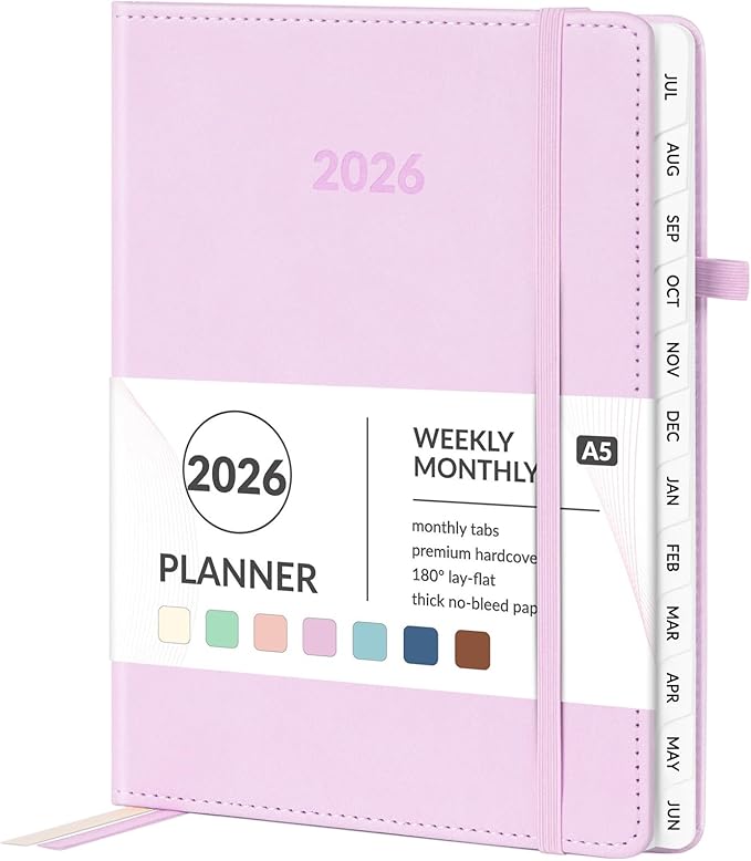 Forvencer 2026 Planner, Weekly Monthly Planners with Month Tabs, 12 Months (Jan 2026 - Dec 2026), A5(5.8"×8.3"), Daily Academic Calendar with Elastic Band, Small Hardcover Agenda, for Teacher, School