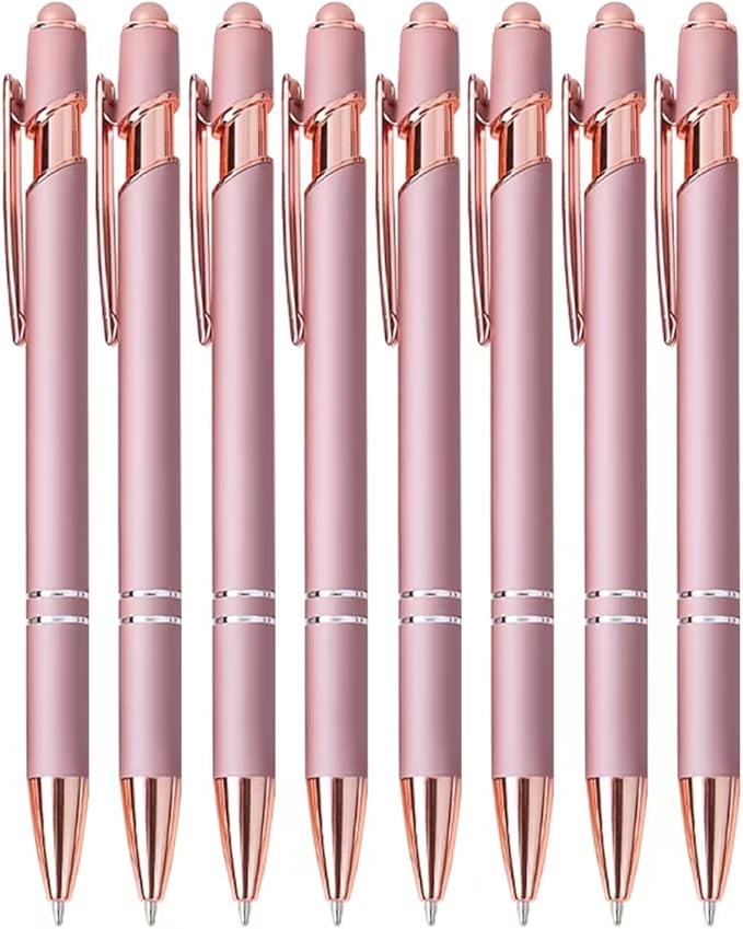 8 Pack Rose Ballpoint Pen with Stylus Tip, Metal Stylus Pens for Touch Screens, 1.0 mm Black Ink