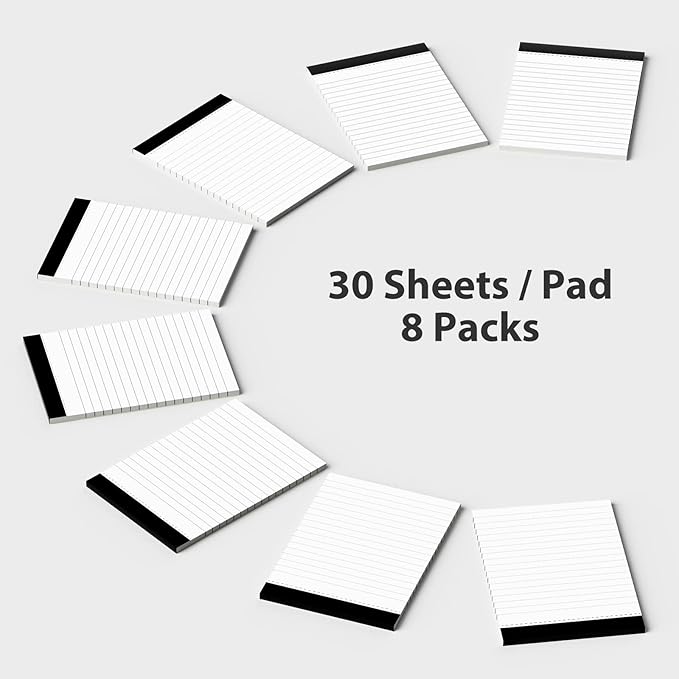 Notepad for Daily Planning and Organization of Work – 4 x 6-inches Lined Paper – Thick Bright White Paper – 30 Pages – Note Pads Ruled Pages – Pack of 8