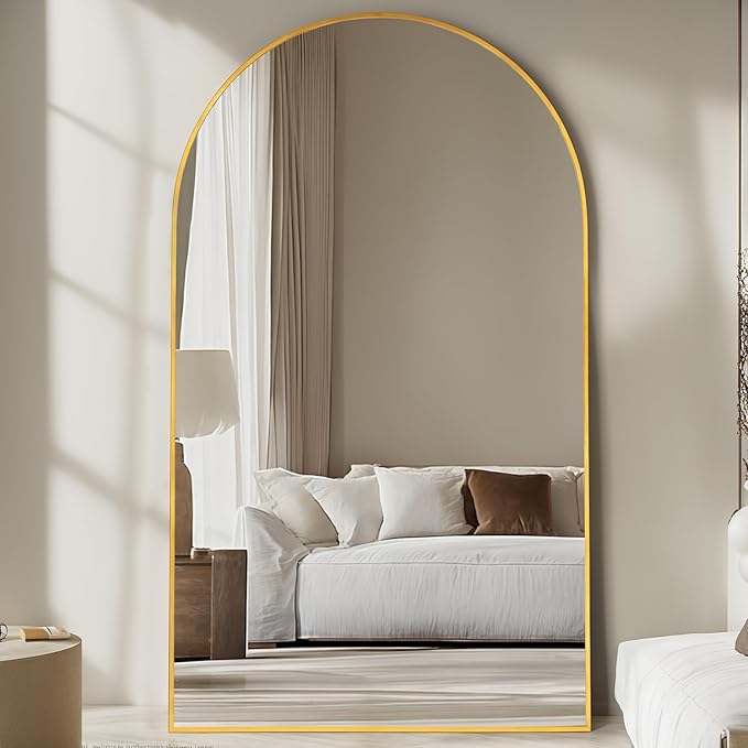 Full Length Mirror, 91"x46" Oversized Floor Mirror Freestanding, Full Body Mirror Floor Standing Mirrors with Stand, Hanging Mounted Mirrors for Bedroom Living Room, Gold, Arched Style