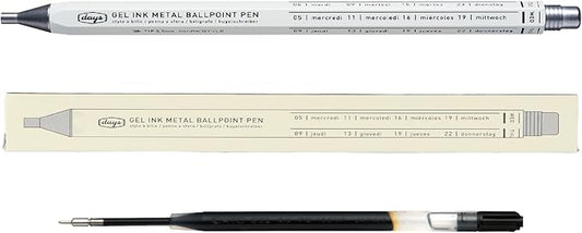 MARK'STYLE days, Gel Ink Metal Ballpoint Pen - 0.5mm Retractable Black Ink, Retro styling Light Weigh Pen, Made in Japan- Perfect for School, Office, and Journaling (White)