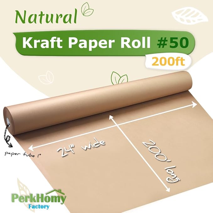 PerkHomy 24" x 2,400" (200') Brown Kraft Paper Roll for Craft Bulletin Board Paper Art Table Covering Crafting Gift Wrapping Bouquet Packing Parcel 70GSM 50LB (Brown, 24" x 200')