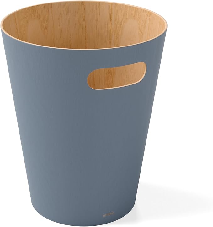 Umbra Woodrow 2-Gallon Modern Wooden Trash Can Wastebasket, Attractive Bin for Garbage or Recycling, Suitable for Home or Office, Slate Blue