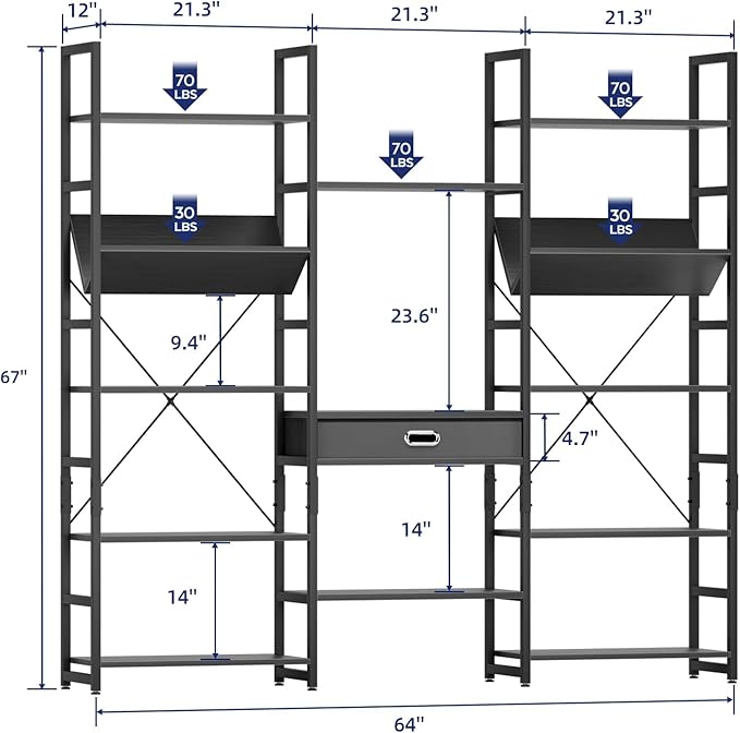 NUMENN Bookcases and Bookshelves Triple Wide 5 Tier Bookshelf, Large Etagere Bookshelf with Storage Drawer, Adjustable Open Display Shelves for Living Room, Bedroom, Home Office, Black