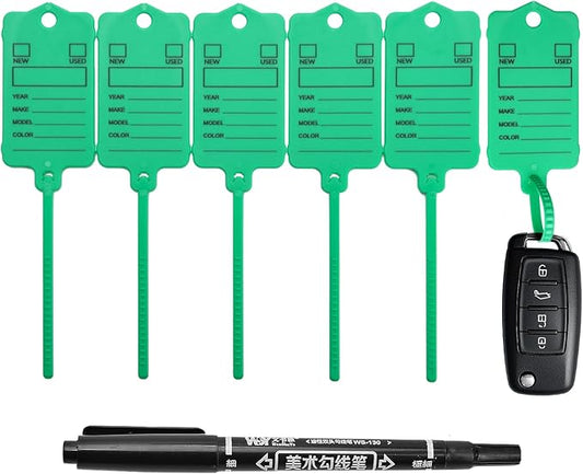 50 Car Key Tags with Labels Plastic Car Dealership Key Tags Self Locking Automotive Identifiers Blank Shop Labels with One Pen (Green)
