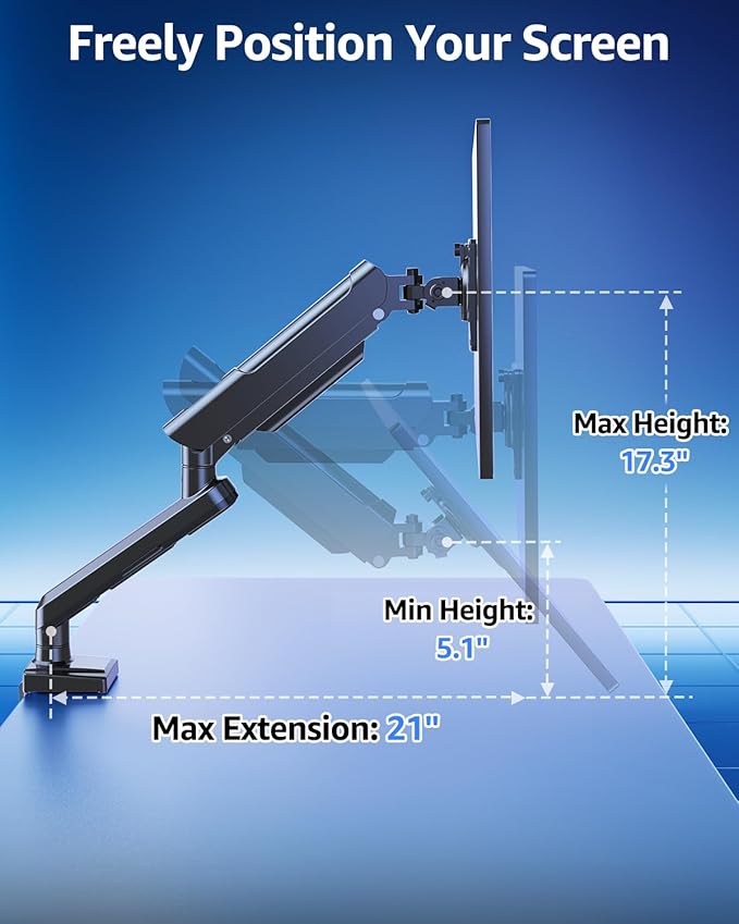 Single Monitor Mount for 32 27 24 22 inch Screen, Gas Spring Arm Holds 4.4-22 lbs, Monitor Desk Mount, Gaming & Home Office Use, VESA 75x75mm & 100x100mm, Freelift Pro Black