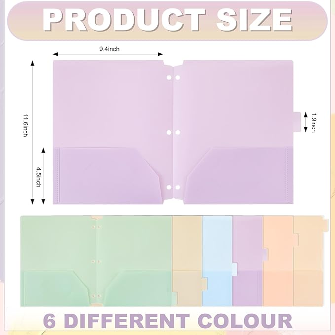 Honoson 12 Pcs Plastic Folders with Clear Front Pocket 3 Hole Punched Folders for 3 Ring Binder 1/6 Cut Tabs for Office Classroom (Macaron Colors)