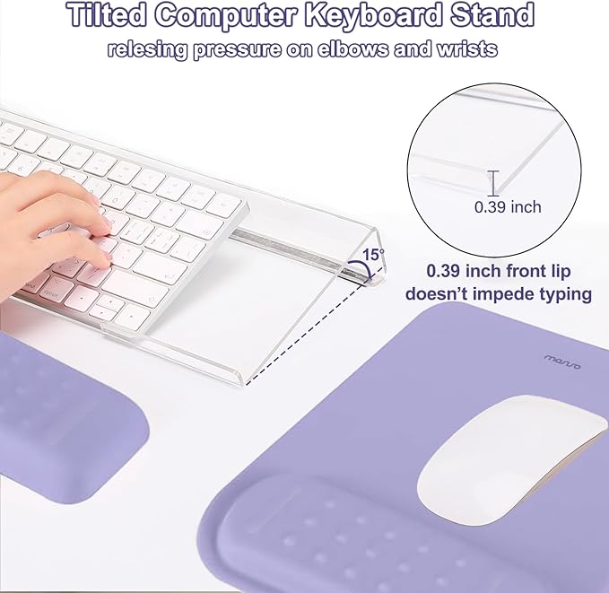 MOSISO Computer Keyboard Stand&Wrist Rest Support for Keyboard &Mouse Pad Set, Ergonomic Massage Wrist Rest Set, Easy Typing Working Acrylic Clear Stand for Office Home, Purple