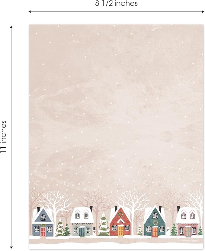 Snowy Village Holiday Letterhead / 50 Sheets / 8.5" x 11" Festive Winter Wonderland Neighborhood Holiday Paper/Decorative Snow Houses Christmas Stationery